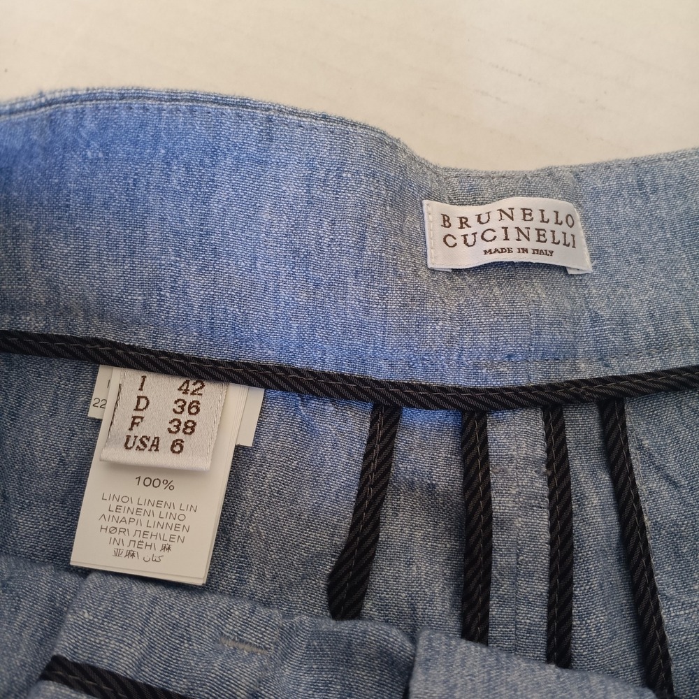 Brunello Cucinelli Jogger Pants Women 6 Blue Linen Pleated High Rise Italy - Picture 2 of 7